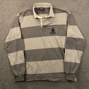 Psycho Bunny Rugby Polo Shirt Mens Medium Striped Long Sleeve Logo Preppy Gray